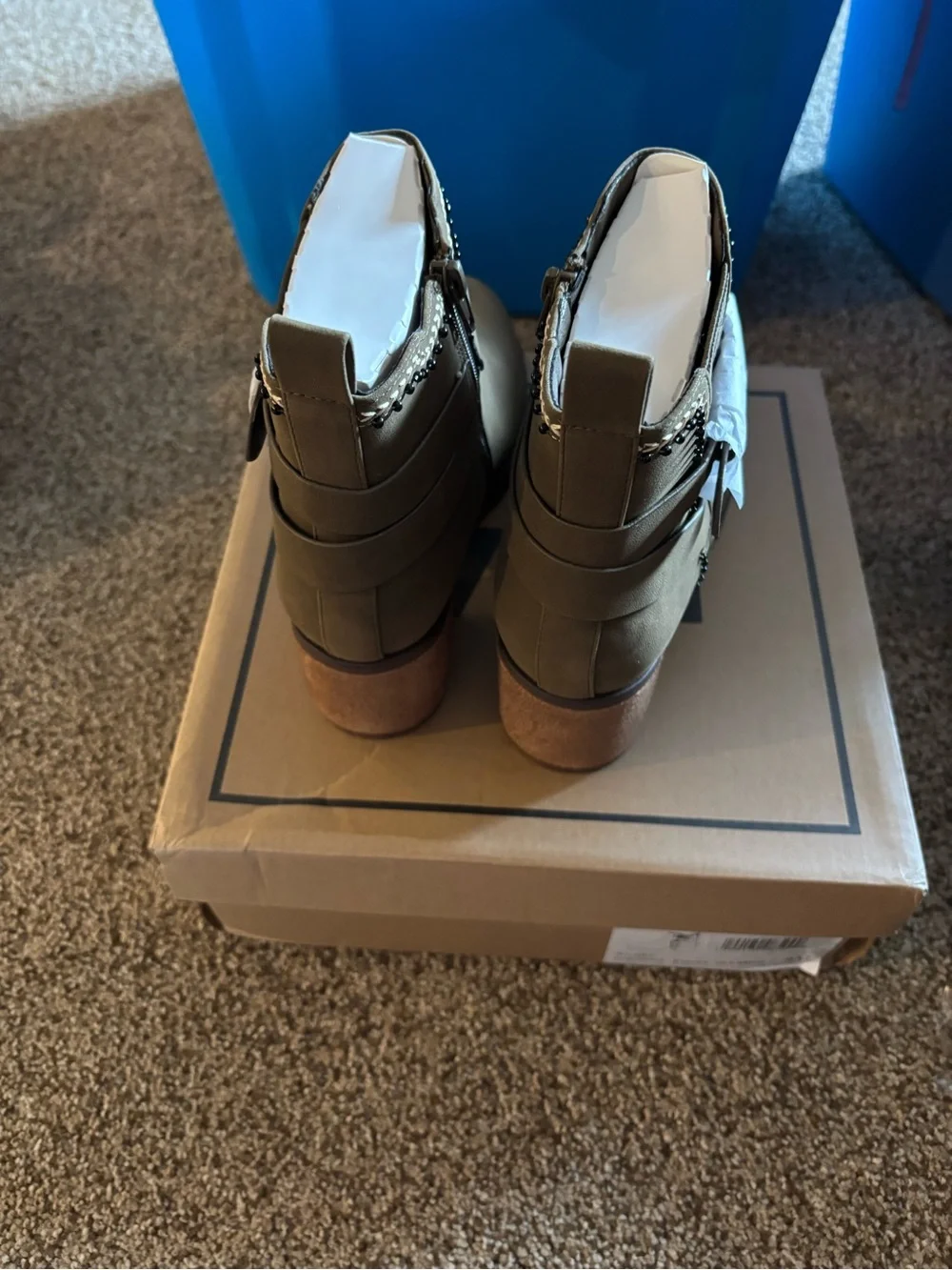Women's Olive Chunky Ankle Heel Boots  with Decorative Trim. Size 9.